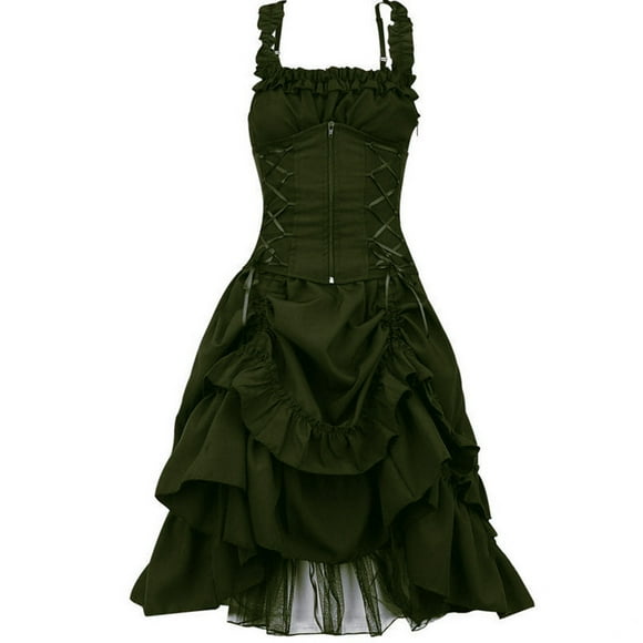 Gothic Corset Dress Women's Vintage Medieval Cinch Lace Up Asymmetrical Smocked Mini Dresses Straps Steampunk Ball Gown Clothing