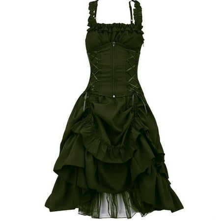 Brglopf Gothic Steampunk Dresses for Women Plus Size Sleeveless Corset Tiered Ruffle Dress Vintage Medieval Dress Renaissance Costumes(Army Green S)