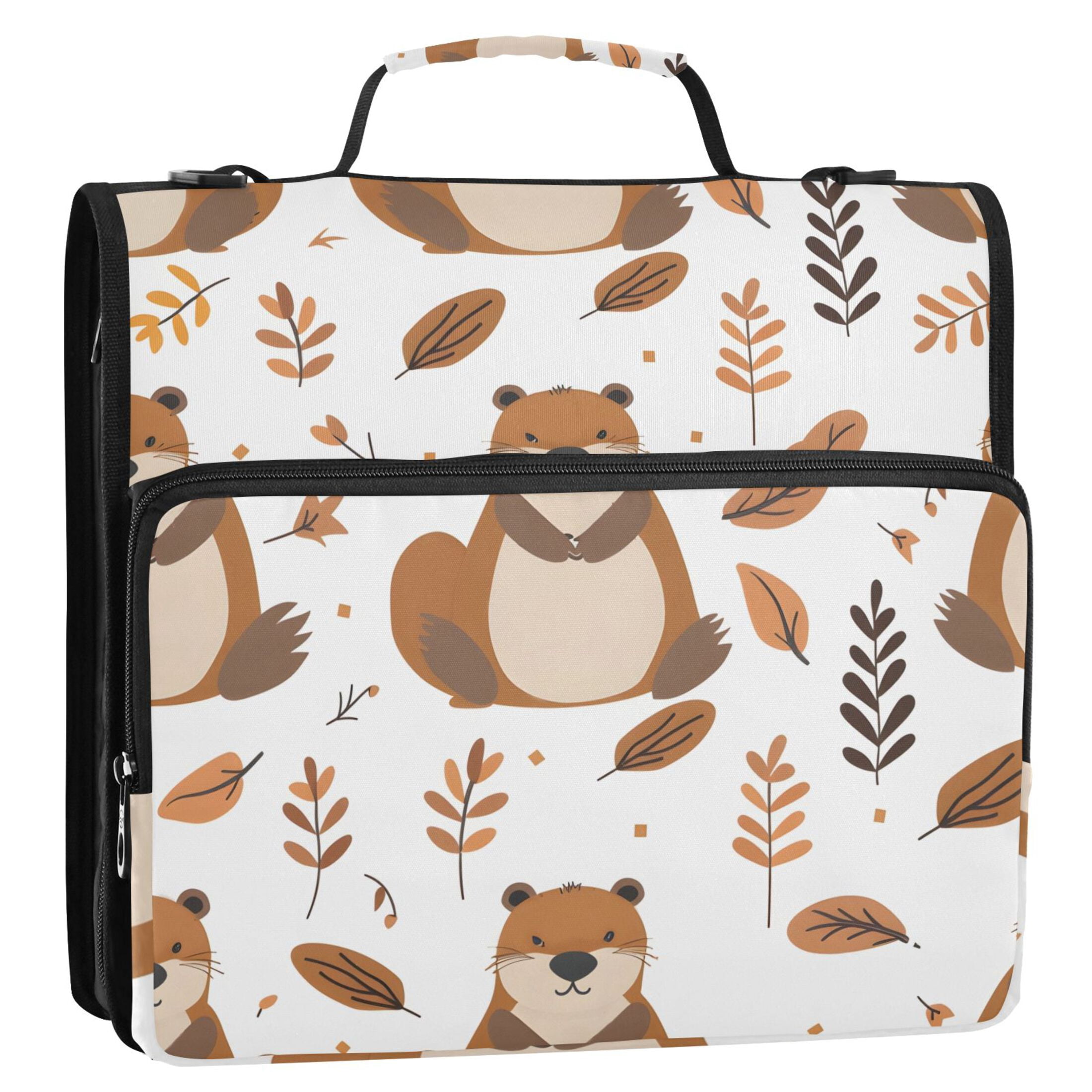 3 Ring Zipper Binder with Shoulder Strap Waterproof Trapper Keeper 2 Inch D-Ring 500 Sheets Capacity Cute Beaver and Leaf