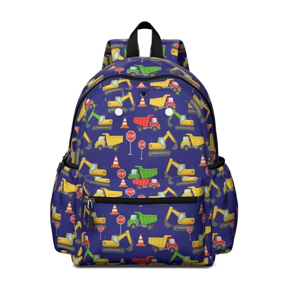 Excavator and Cloud Blue Pattern Cute School Backpack with Padded Back and Adjustable Shoulder Straps 13.4"x11"x4.7"