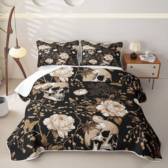 Homewish Gothic Halloween Skull Twin Quilt Set,Vintage Baroque Floral Twin Coverlet Set,Black Golden,2pcs