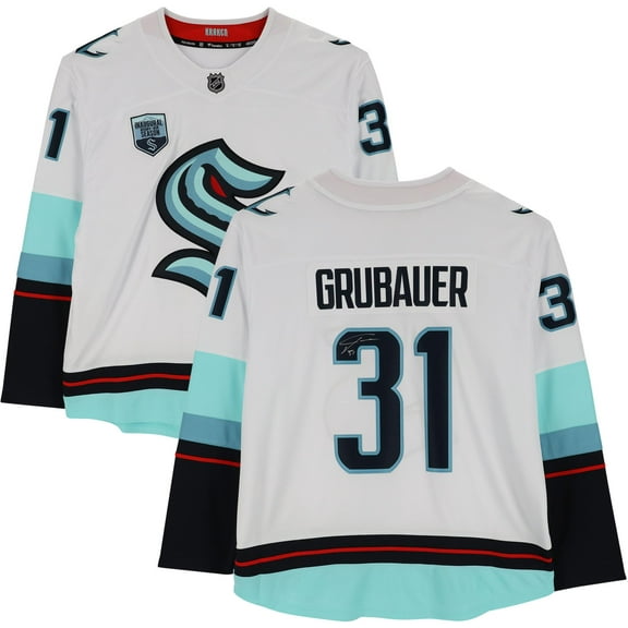 Philipp Grubauer Seattle Kraken Autographed White Fanatics Breakaway Jersey with Inaugural Season Jersey Patch - Fanatics Authentic Certified