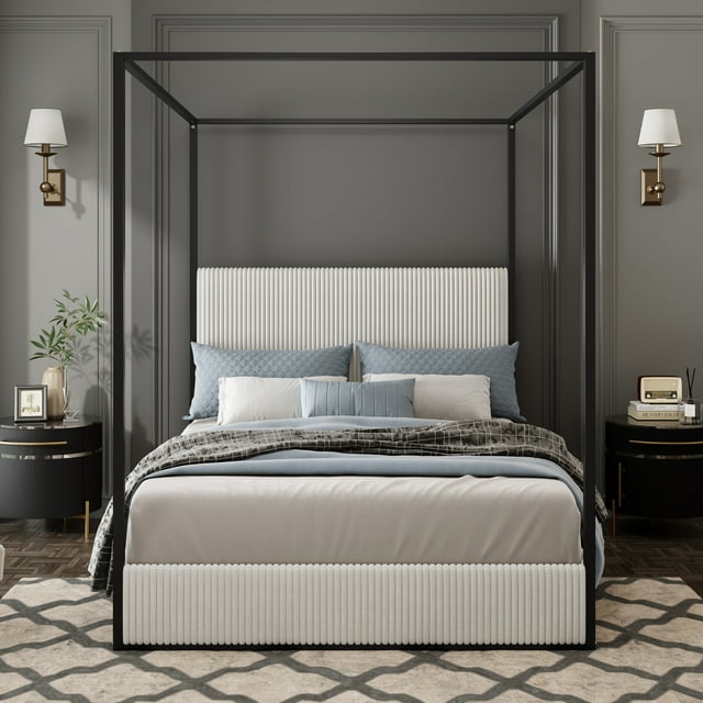 MODERNLUXE Lit à Baldaquin en Métal Taille Grand avec Tête de Lit Rembourrée Haute, Or Quatre Lits, Pas de Sommier Nécessaire, Blanc