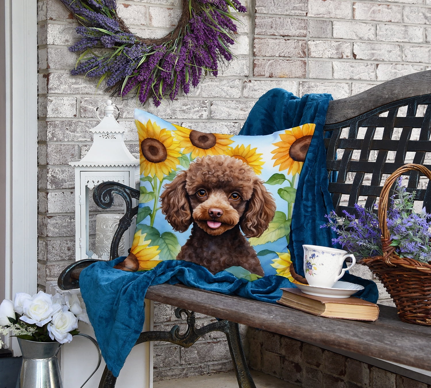 Chocolate Poodle in Sunflowers Throw Pillow 18 in x 18 in