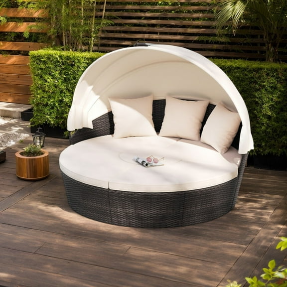GVN Patio Round Daybed with Retractable Canopy-White