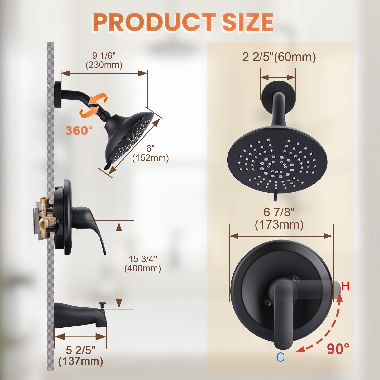 Wowow Shower Faucet with Valve, Bathroom Tub Shower Faucet Kit, Single Handle Rain Shower Head with Tub Spout, Black