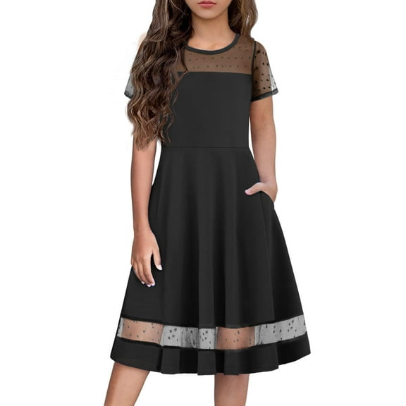 Arshiner Tween Girls Dress Semi Formal Contrast Mesh Short Sleeve Black Funeral Party Dresses Kids Clothes 11-12 Years