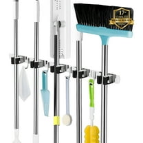 Hanonwoven Wall-Mounted Mop and Broom Holder with 5 Racks and 4 Hooks, Heavy-Duty Stainless Steel Storage Organizer with Self-Adhesive, Non-Slip Design for Home, Kitchen, Garden, Laundry