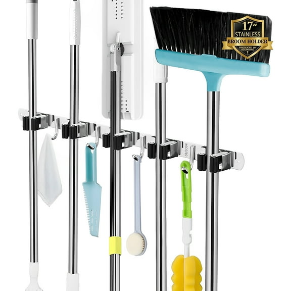 Hanonwoven Wall-Mounted Mop and Broom Holder with 5 Racks and 4 Hooks, Heavy-Duty Stainless Steel Storage Organizer with Self-Adhesive, Non-Slip Design for Home, Kitchen, Garden, Laundry
