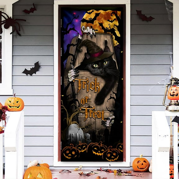 Black Cat. Trick Or Treat Halloween Door Cover, Halloween Decorations, THH3261D - 36" x 96"
