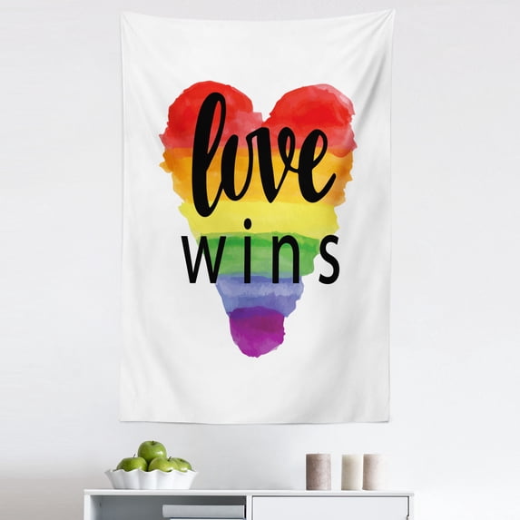 Inspirational Tapestry, Inspirational Gay Rights Slogan Love Wins on Watercolor Heart Shape Print, Fabric Wall Hanging Decor for Bedroom Living Room Dorm, 5 Sizes, Multicolor, by Ambesonne