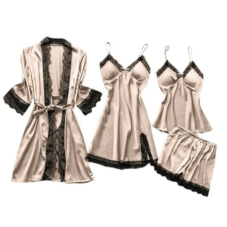 gakvbuo Plus Size Lingerie For Women S Silk Satin Pajamas Nightdress 4 Pieces Floral Lace Cami Top Babydoll Sleepwear Set Lingerie Pajama Set With Kimono Cardigan Robe