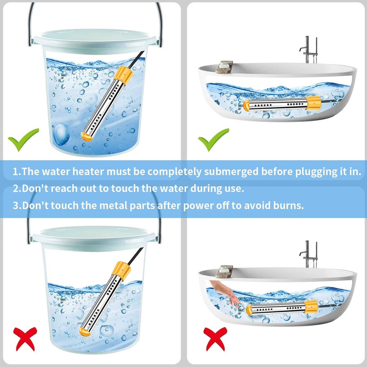 2000W Electric Immersion Water Heater with Timer & LCD Thermometer - Stainless Steel Guard for Bucket, Bathtub, Pool, Camping - 110V Portable Instant Heating Rod，Black