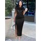 thumbnail image 1 of Women Dress Pleated Long Wine Red Elegant Slit High Collar Slim Fit Sleeveless Maxi Outfits Plus Size Evening Party Shiny Gowns, 1 of 5
