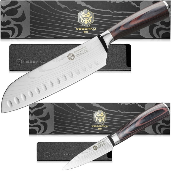 Kessaku 7-Inch Santoku Knife & 3.5-Inch Paring Knife Set - Samurai Series - Forged High Carbon 7Cr17MoV Stainless Steel - Pakkawood Handle with Blade Guards