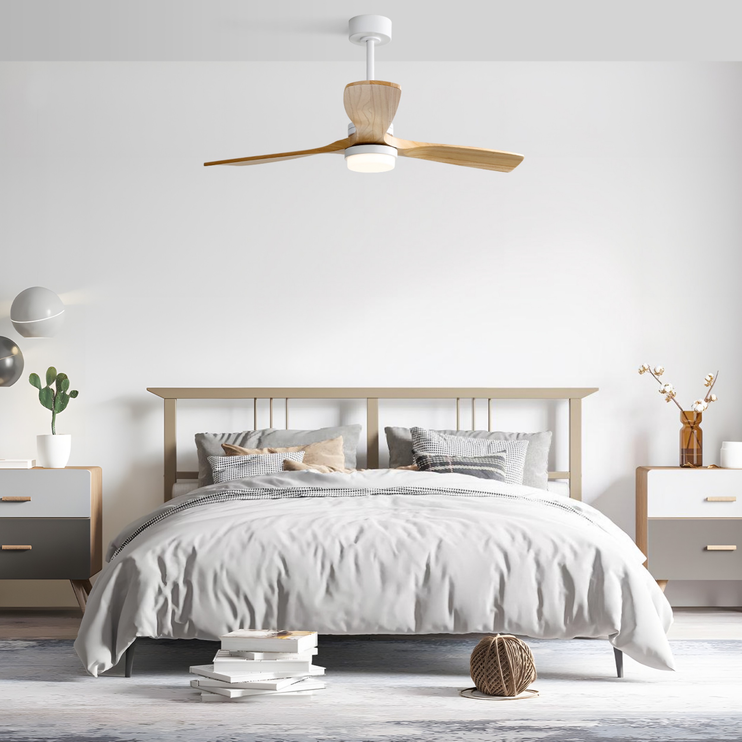 Sofucor 52 Inch Ceiling Fan with Lights and Remote Control-Modern Solid Wood Blade Ceiling Fan for Bedroom Living Room Indoor Outdoor Farmhouse Patio, Noiseless DC Motor, Natural Wood
