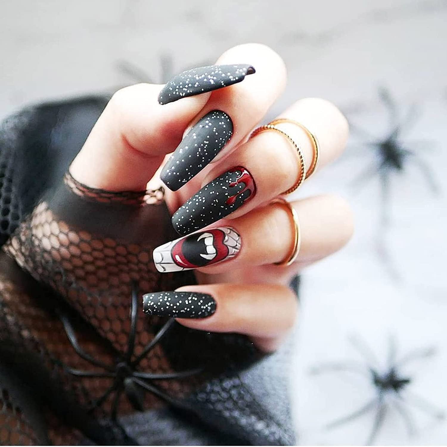 Glossy Halloween Press On Nails With Spider Web Heart Design - Full Cover  Long Coffin False Nails For Women And Girls - Temu