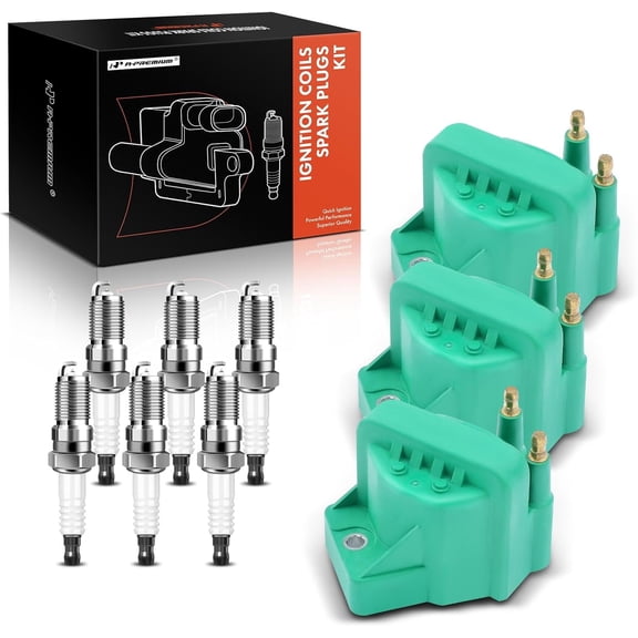 A-Premium 3x (Green) Ignition Coil Pack and 6x Iridium Spark Plugs Compatible with Chevrolet Malibu Impala Venture Buick LaCrosse Cadillac Pontiac Oldsmobile
