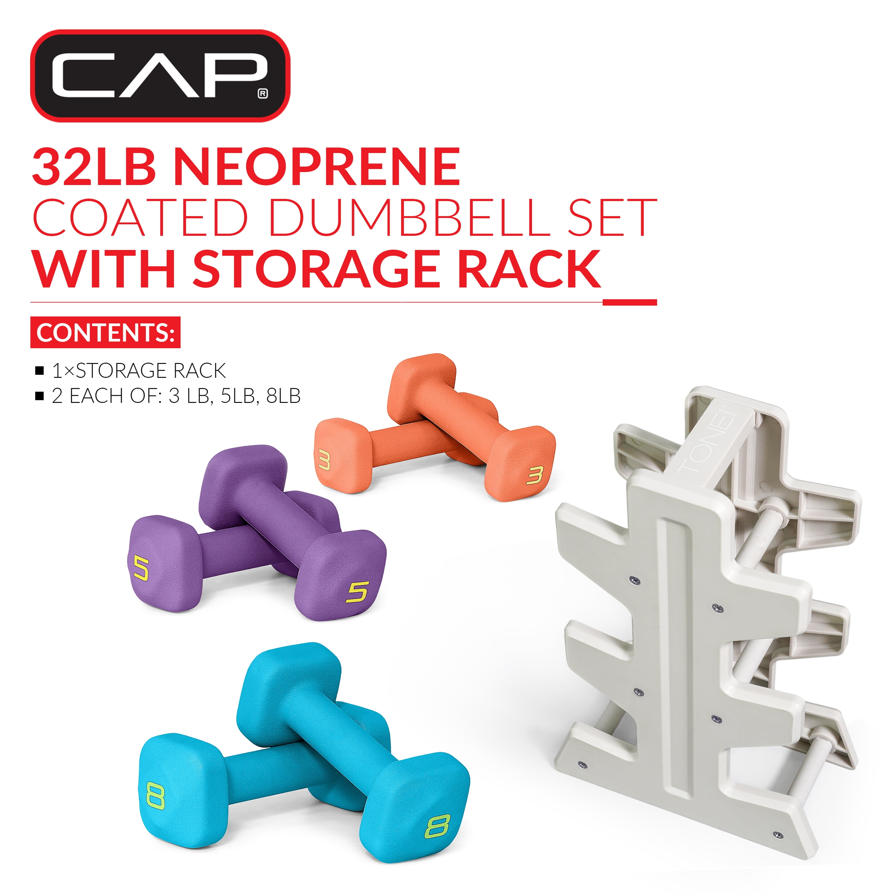 CAP 32 lb Neoprene Zen Dumbbell Set with Rack