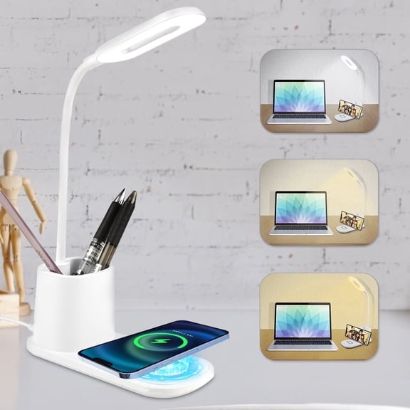 BCOOSS Led Desk Lamp for an Office in Home with Pen Holder and Wireless Charger- 3 Modes Dimmable LED Table Lamp with Flexible Gooseneck