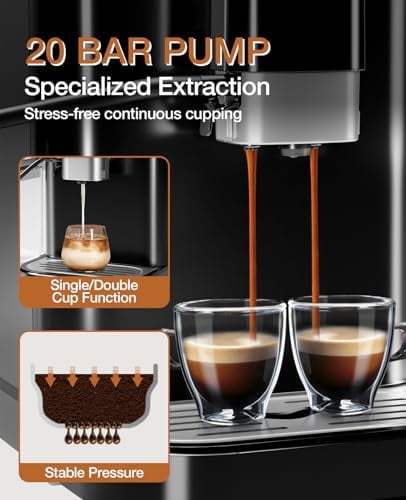 Lumiparty Fully Automatic Espresso Machine with Automatic Milk Frother, 20 Bar Coffee Machine, Built-In Grinder, 15 Adjustable Grind, 1.5L Water Tank