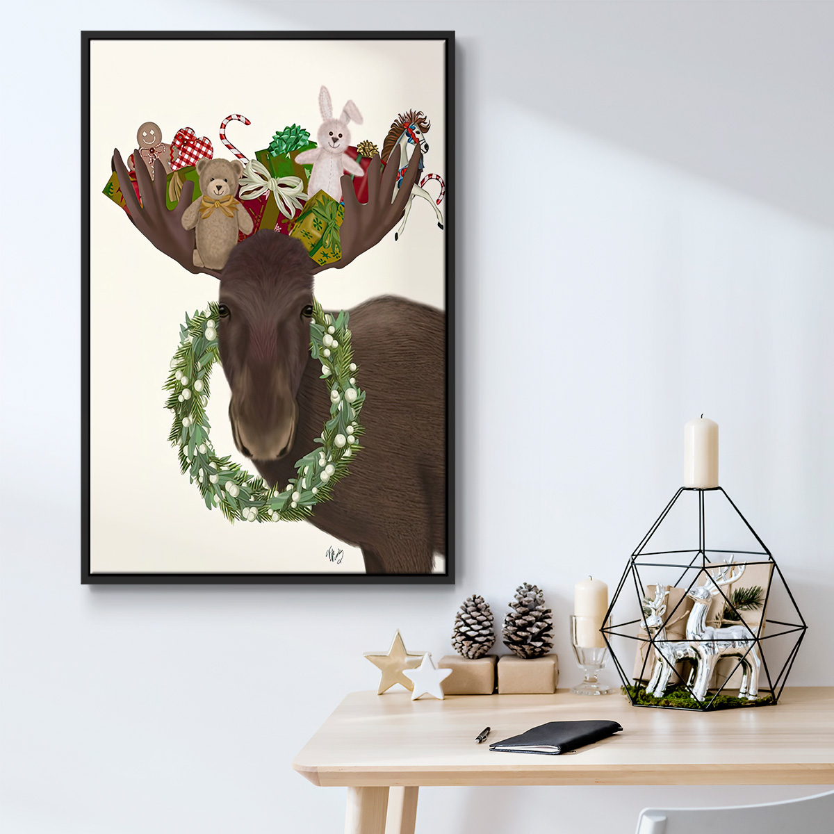 Christmas Moose and Christmas Gifts - Framed Gallery Wrapped Holiday Canvas - 17 x 25 - Black Frame
