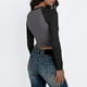 thumbnail image 5 of Top de manga larga slim fit con bloques de color para mujer: ligeramente corto, camisas informales elásticas de mezcla de poliéster, 5 of 6