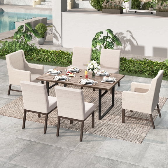 SUMMIT LIVING 7-Piece Outdoor Patio Dining Set with 4.7" Cushioned Chairs and Table with Umbrella Hole for Garden, Beige & Brown