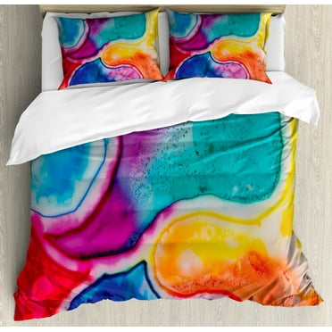 Tie Dye Duvet Cover Set Queen Size, Watercolor Pools of Different Colors Abstract Vibrant Messy Hand Painted Design, Decorative 3 Piece Bedding Set with 2 Pillow Shams, Multicolor, by Ambesonne