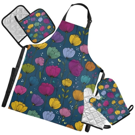 Ryvnso Art Tulip Flowers Kitchen Apron Oven Mitts Set Pot Holders