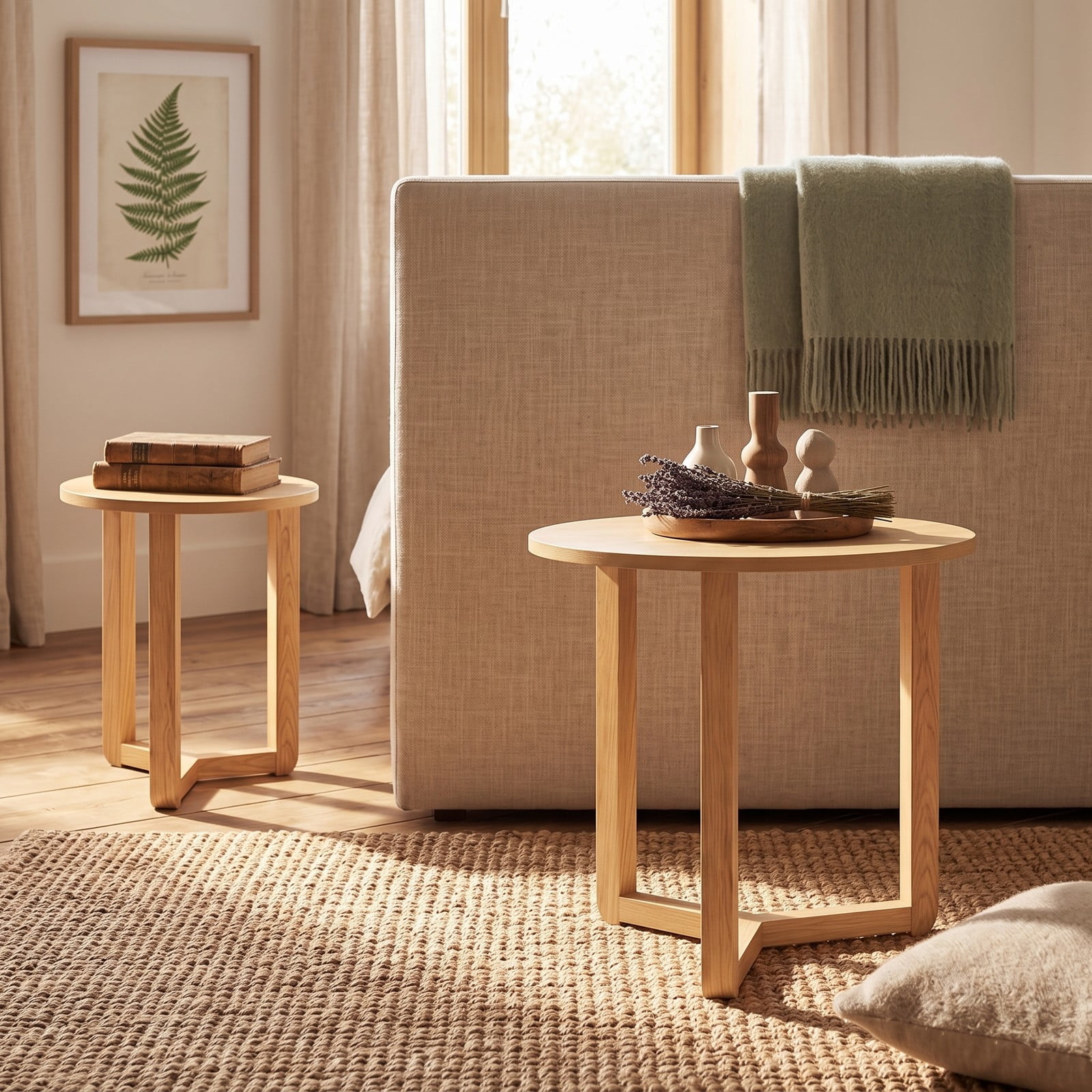 Furnibear Round Nesting Coffee Table Set of 2, Wood Nesting End Tables with Thickened Tabletop and Tripod Frame for Living Room, Space-Saving Side, Natural Walnut