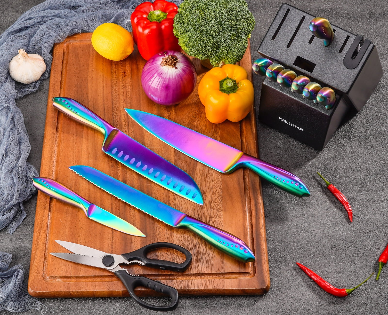 WELLSTAR Rainbow Knife Set 5 Piece, Razor Sharp German Stainless Steel Blade with Iridescent Titanium Coated, Kiritsuke Santoku Boning Utility