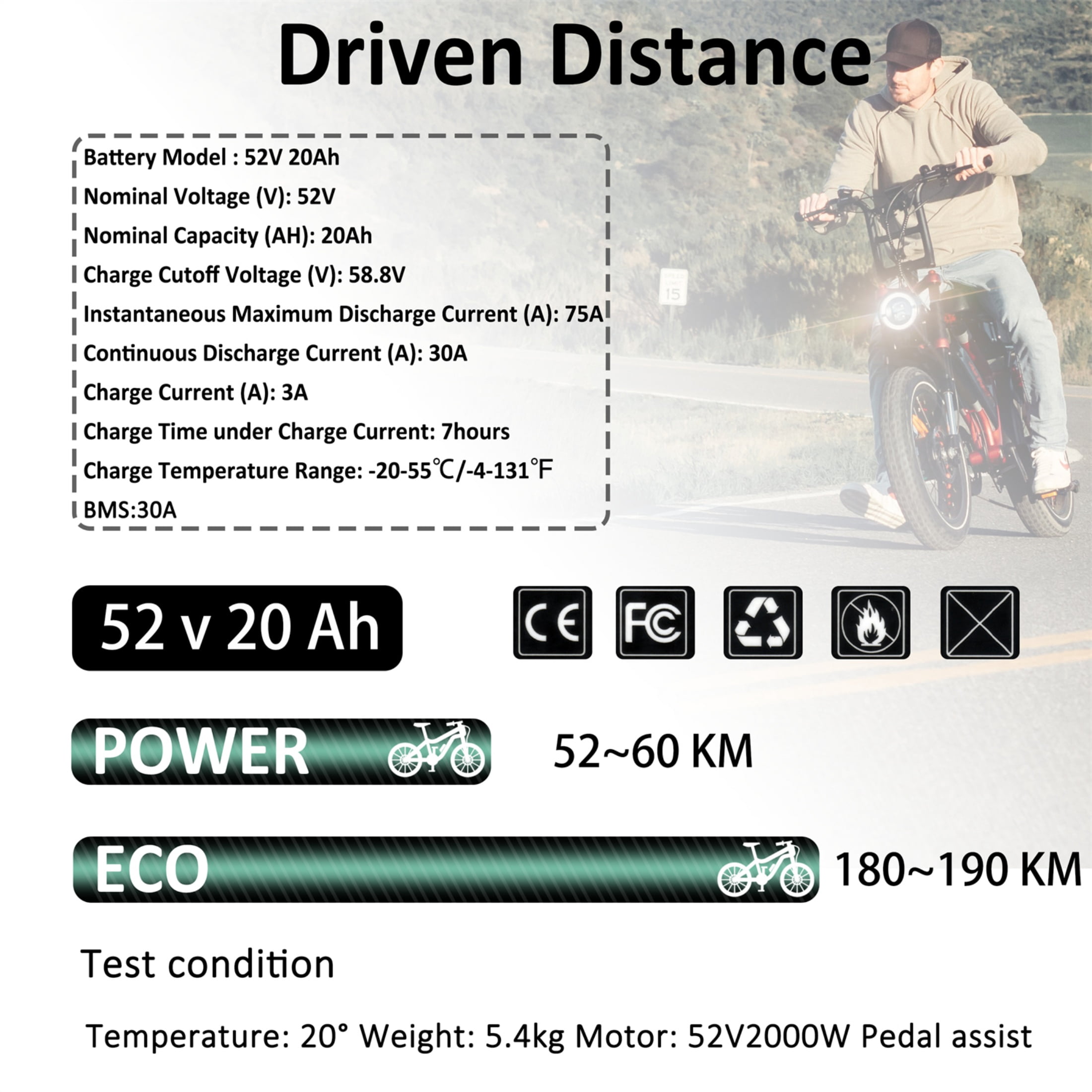 5Prong 52V 20AH Ebike Battery 52V Battery 2000W Scooter Lithium Battery for Adult Electric Bike