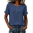 thumbnail image 3 of ClodeEU Women's Crew Neck Short Sleeve Henley Blouse,Casual Solid Color Linen Blend Top Navy,Women's Plus S, 3 of 8