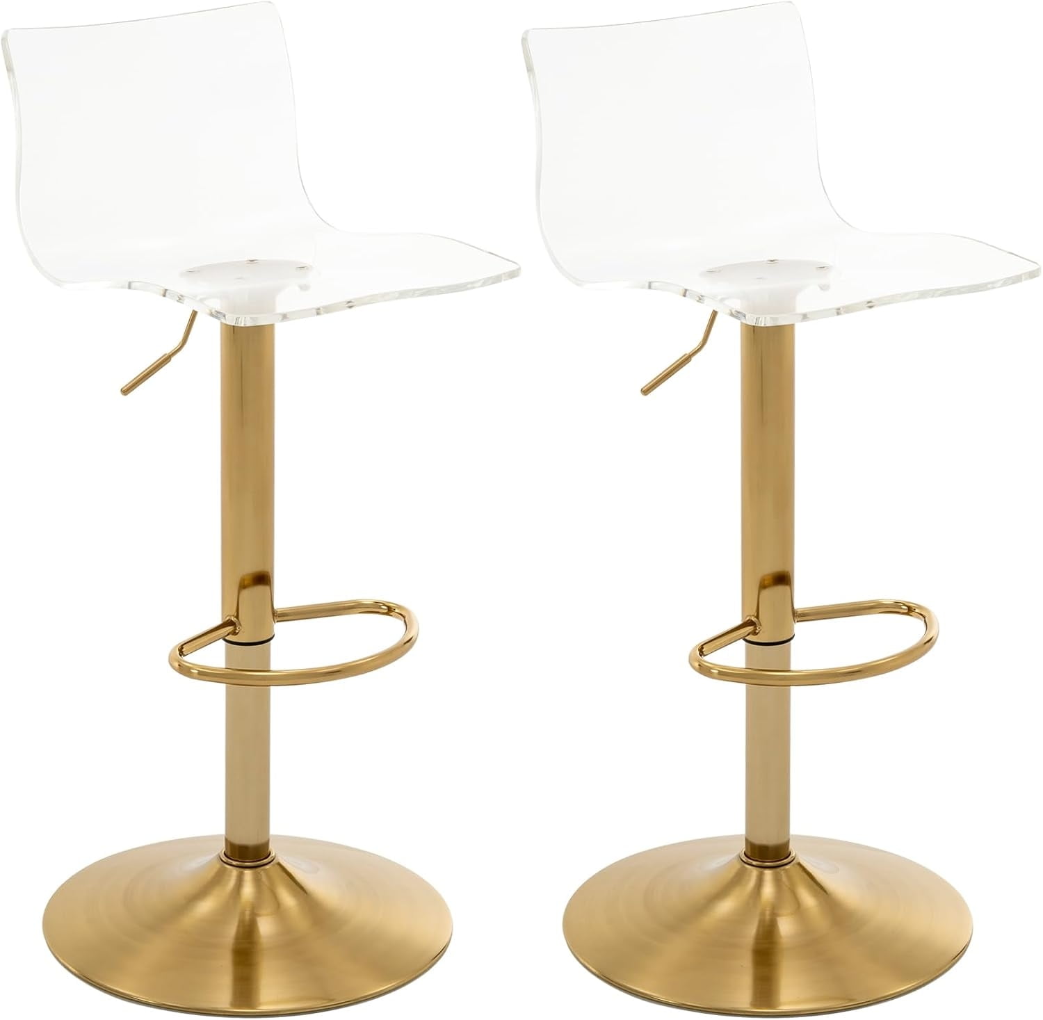 Acrylic Bar Stools Set of 2, Clear Seat Metal Gold Base Barstools, Adjustable 360° Swivel Modern Bar Stool for Kitchen Island, Dining, Bar, Pub