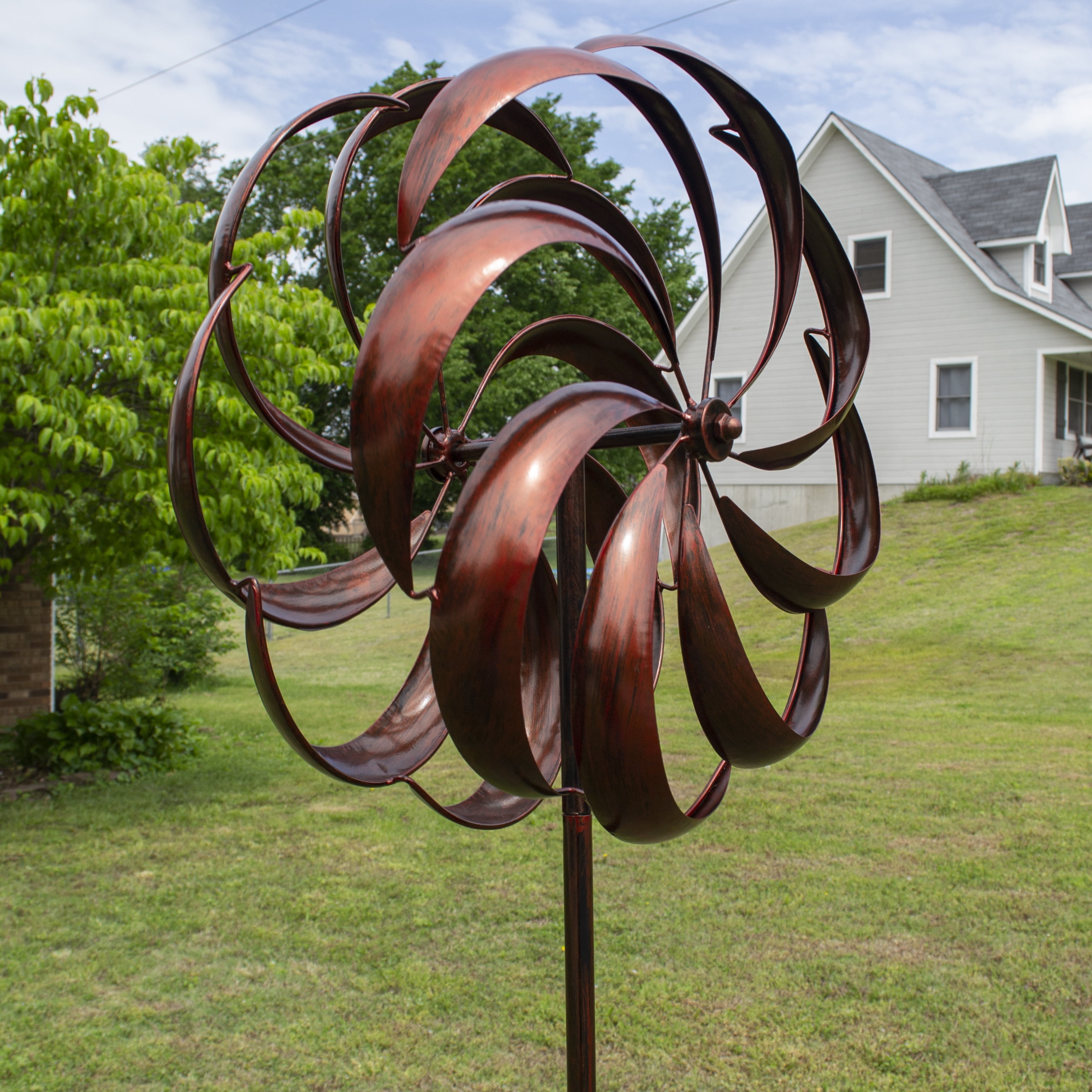 Double Spiral Wind Spinner Solar Light Garden Yard Art Outdoor Lawn Decor Metal 