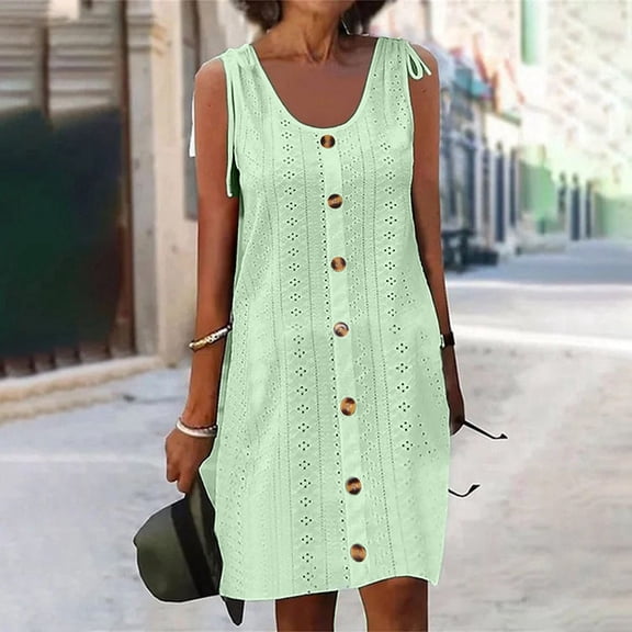 Meichang Sleeveless Button Down Dresses for Women Plus Size Solid Tie Shoulder Scoop Neck Eyelet Dresses Knee Length Work Dresses Elegant Midi Dresses Green S