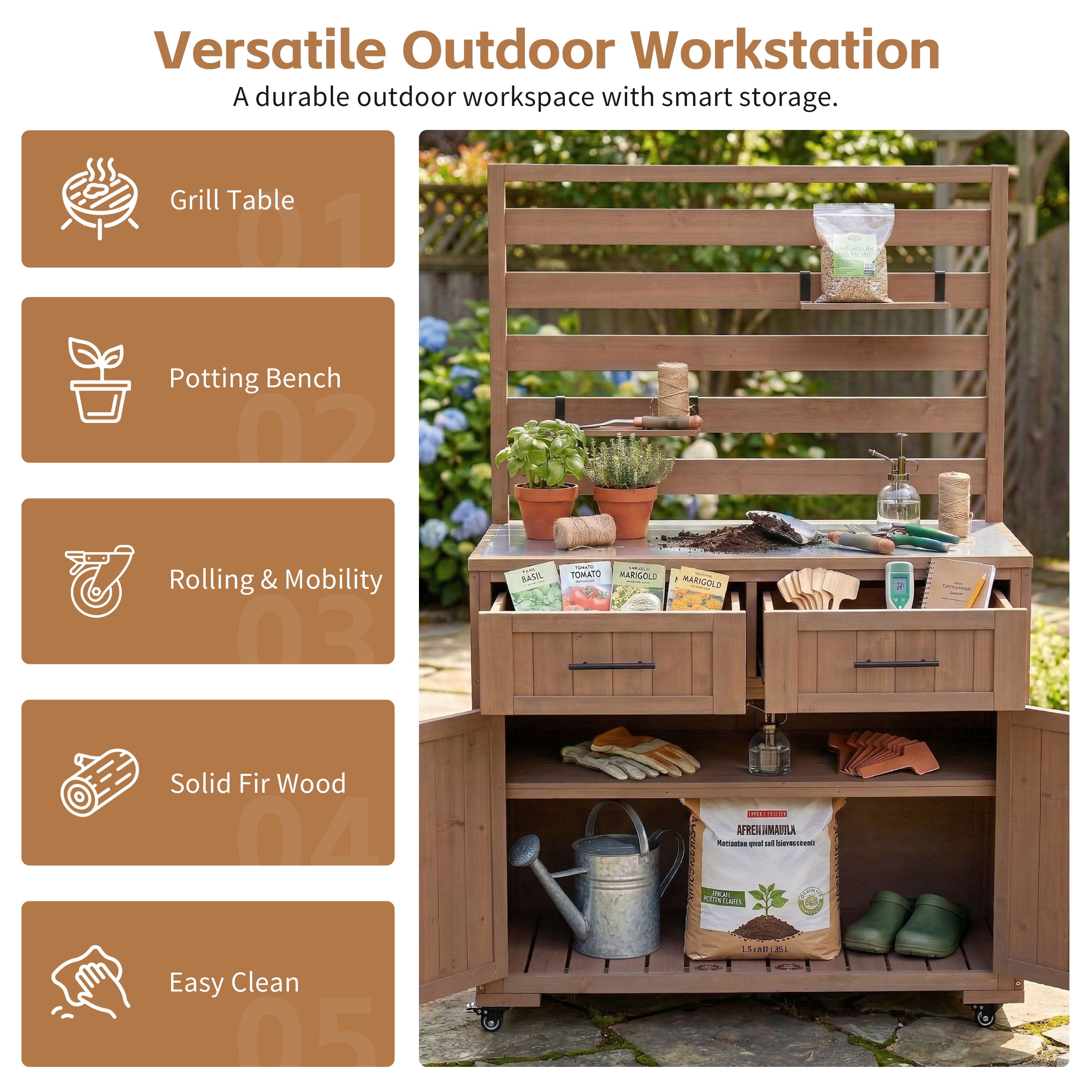 64.9" H Outdoor Grill Cart with Stainless Steel Top – Solid Wood Patio Kitchen Cart, BBQ Prep Table, 3 Movable Shelves, 2 Drawers, Brown