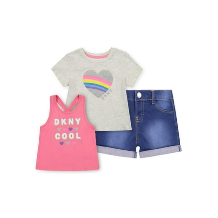 DKNY Toddler Girl Short Sleeve T-shirt, Tank Top & Denim Jean Shorts, 3pc Outfit Set