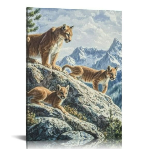 Sheronv Mountain Lion Cubs Rocky Cliff Fine Art Aesthetic Canvas Wall Painting Print Poster for Home Office Decor 12x16 in