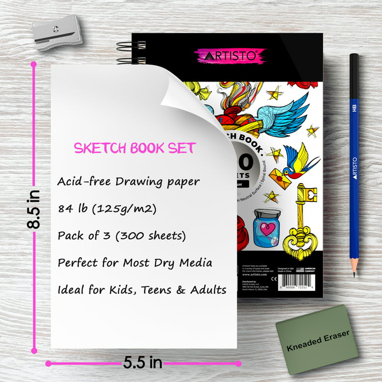 Artisto 5.5x8.5 Premium Sketch Book Set, Spiral Bound, Pack of 3, 300  Sheets (125g/m2) 