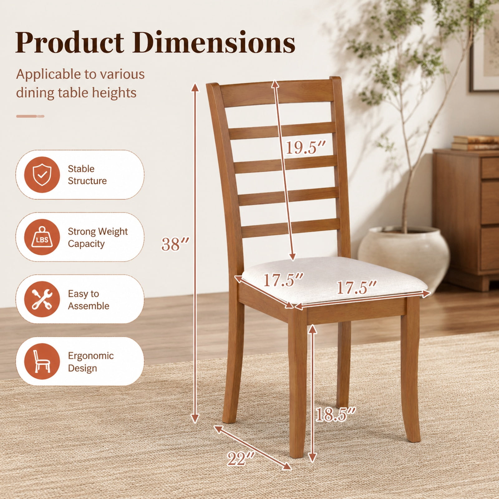 Furnibear Modern Wooden Dining Chairs Set of 2 Upholstered Kitchen Chair with Rubber Wood Frame and Padded Fabric Seat, Beige