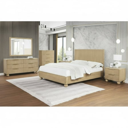 Contemporary Wood 4Pc Bedroom Set, Queen Platform Bed, Dresser Mirror, and Chest, Light Oak