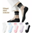 thumbnail image 2 of 5 Pairs Sheer Floral Socks for Women, Embroidered Mesh Lace Ankle Socks, Breathable Summer Cute Transparent Stockings, 2 of 7