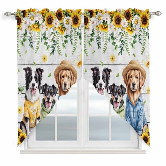 Spring Dog Swag Valances for Windows 2 Pack, Kitchen Window Curtains 36 Inch Length, Sunflower Daisy Botanical Vintage Privacy Swag Curtains for Living Room/Bathroom with Rod Pocket 36"x36"