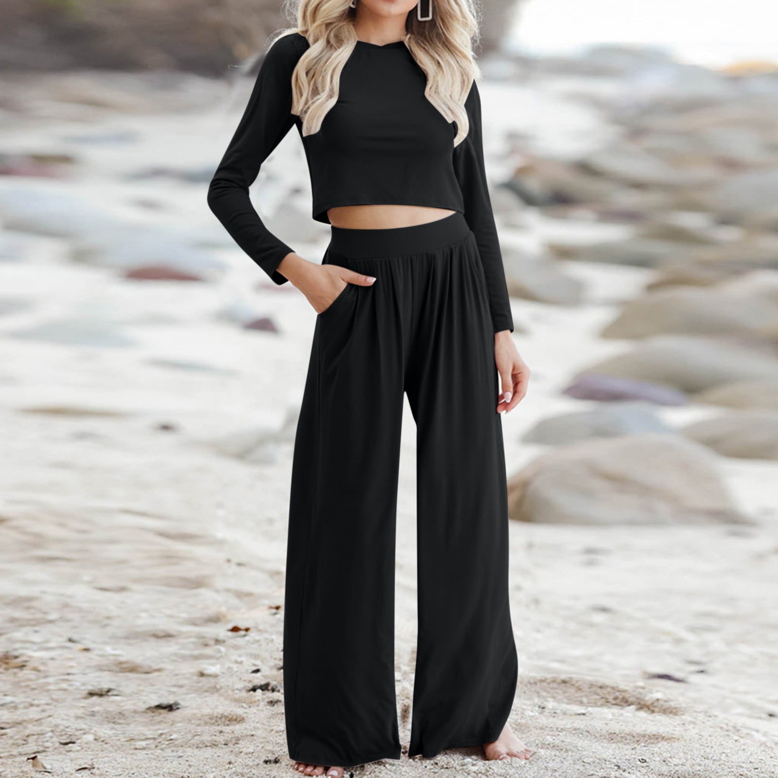 Quyuon Cropped Two Piece Outfits Women Winter Casual Long Sleeve Crew Neck Crop Tops High Waisted Wide Leg Long Pants Sets Loungewear 2 Piece Sets