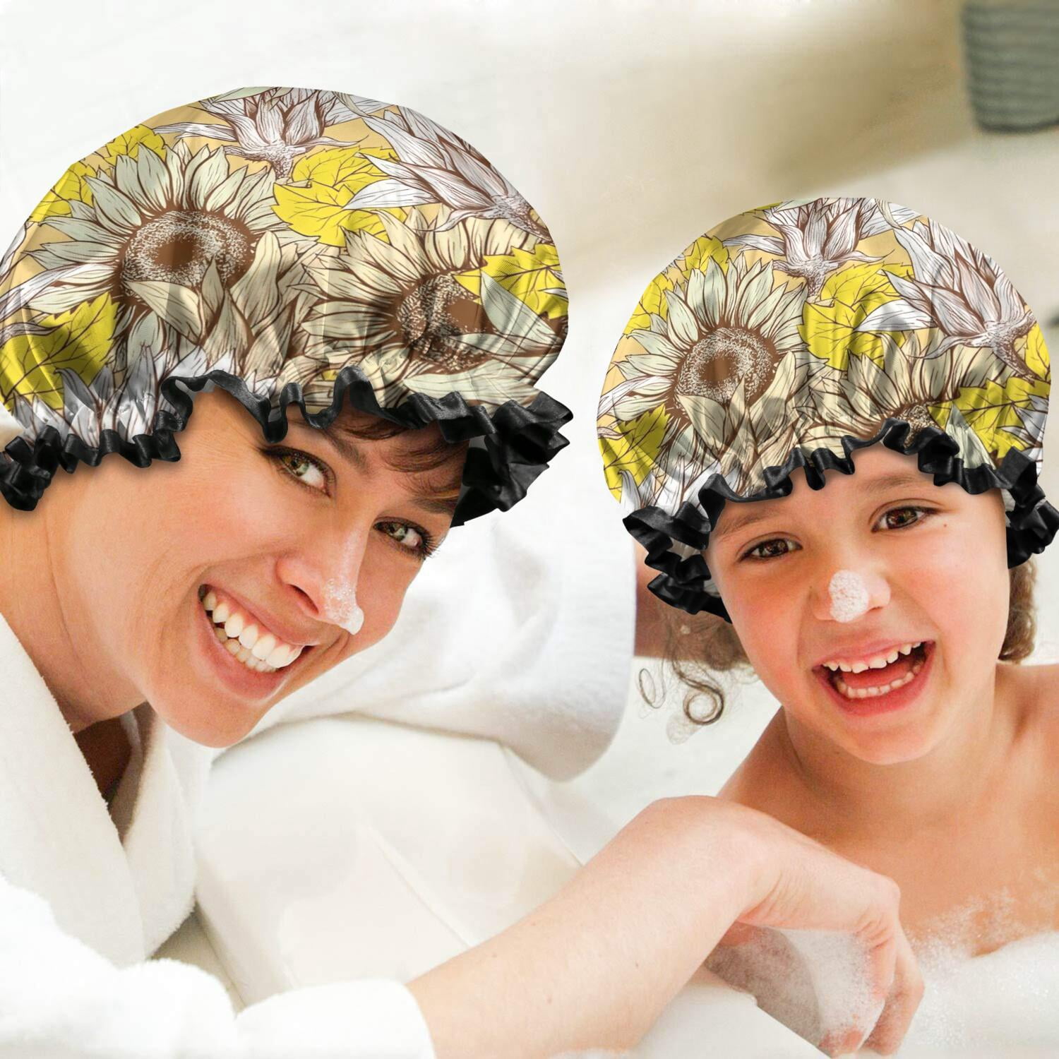 Shower Caps,Yellow Sunflower Bud Leaf Pattern Waterproof Shower Cap for Women 4 Pieces,Double Reusable Hair Cover for Shower PEVA Elastic Stretch Hem