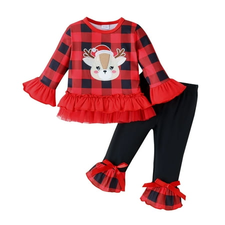 

TAIAOJING Toddler Girl s 2Pcs Clothing Sets Girls Christmas Long Sleeve Plaid Deer Prints Tops Bottoms Pants Outfits Kids Clothes 3-4 Years