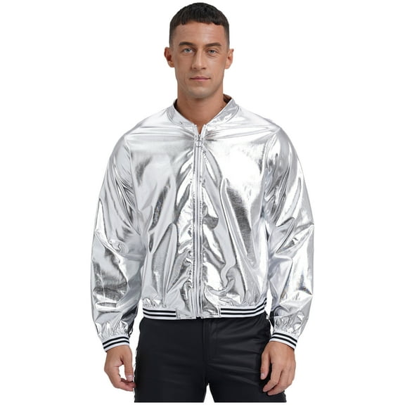 inlzdz Mens Shiny Metallic Bomber Jackets Zip Up Outerwear for Disco Party Silver XXL