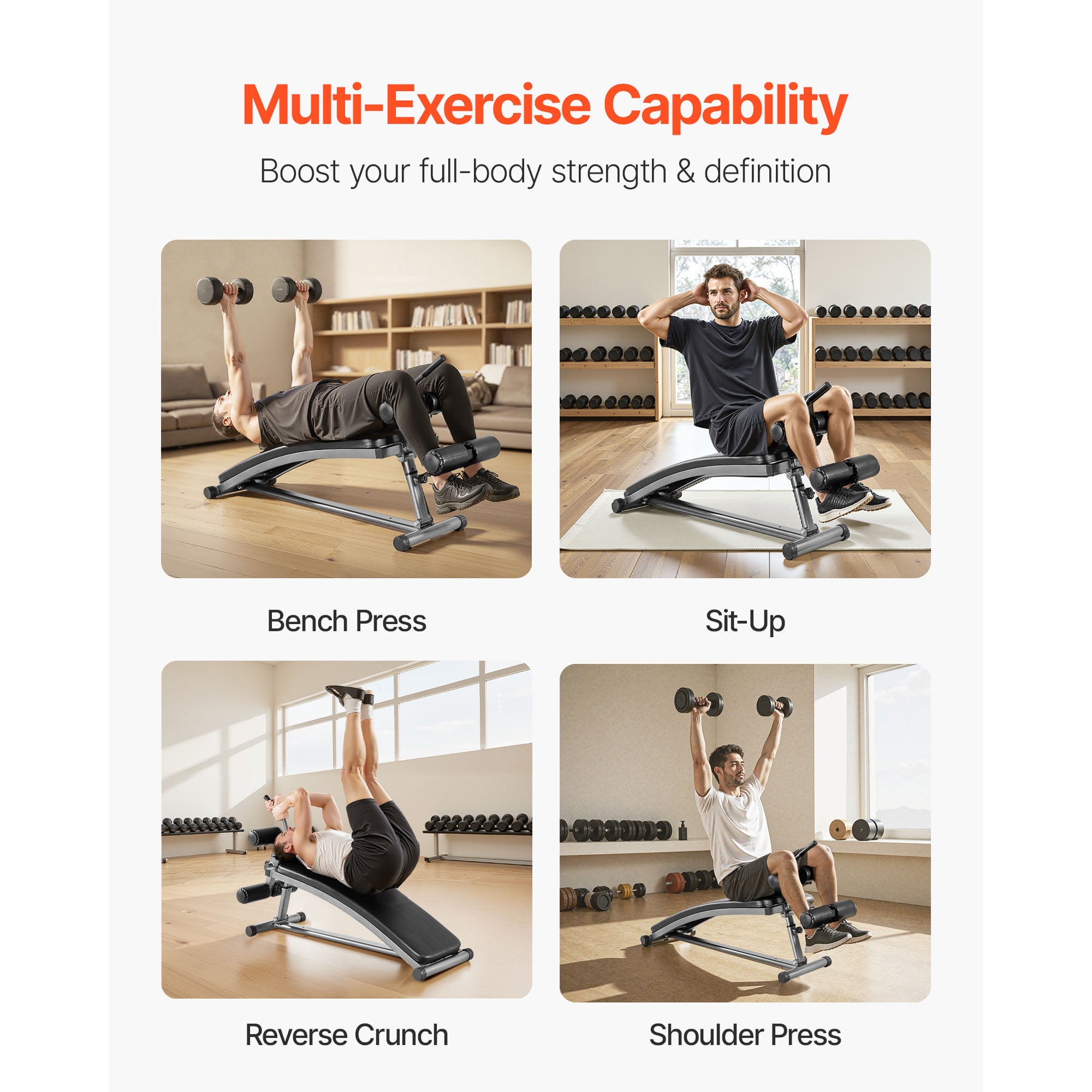 KFFKFF Curved Decline Sit-Up Bench with Reverse Crunch Handle, Adjustable to 6 Heights, Heavy-Duty Steel Frame, 600 lbs Capacity for Home Gym Strength Training and Full-Body Workouts